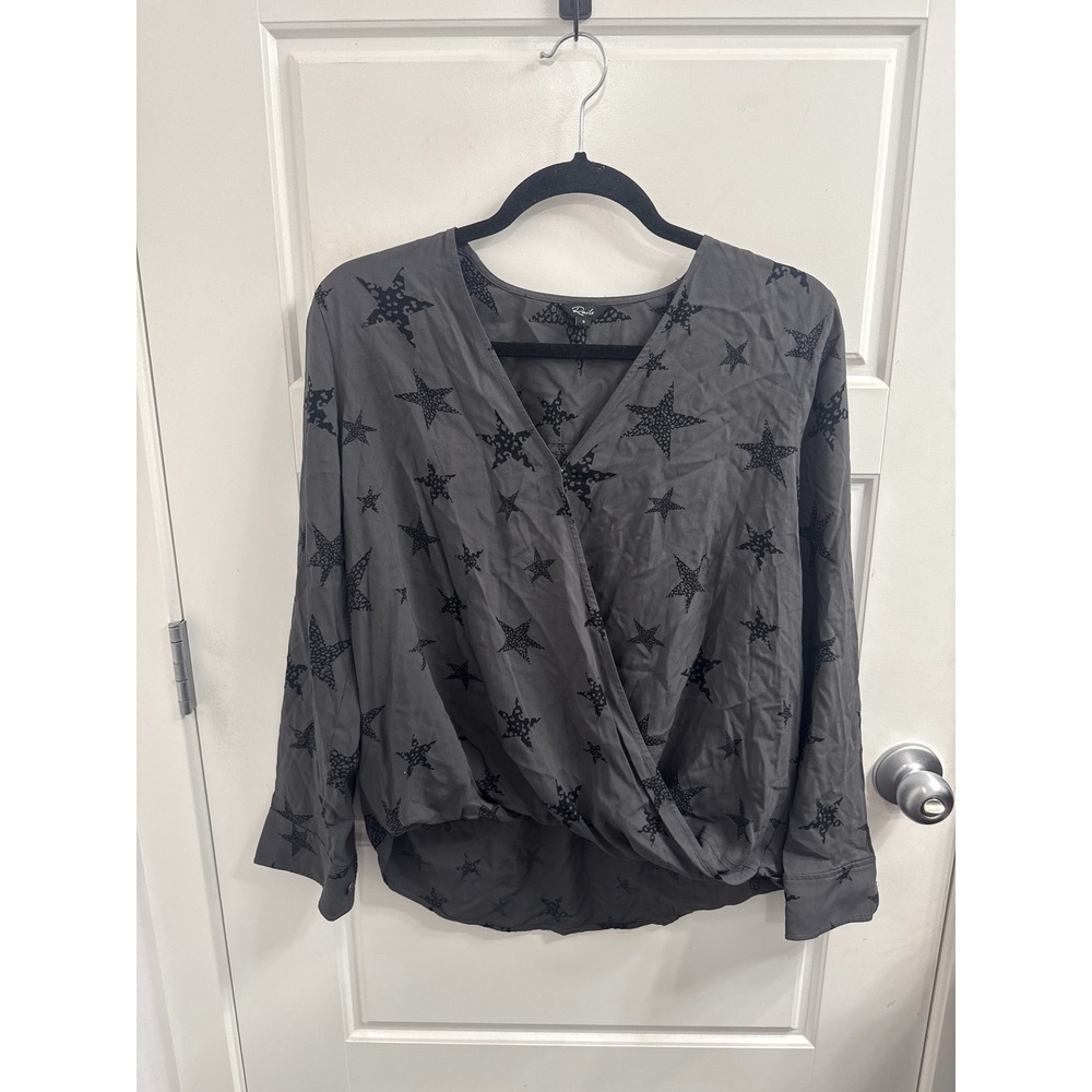 Rails Hillary Blouse Charcoal Cheetah Stars Gray Faux Wrap V-Neck Top Small